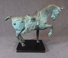Green Bronze Metal Prancing Horse Statue With Wood Base Made In Korea