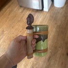 Vintage Green Glaze Tiki Mug With Resin Chief Figure Bamboo Rattan Handle