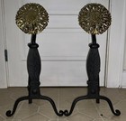 Virginia Metalcrafters Medallion Brass   Cast Iron Fireplace Andirons  2  Unused