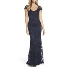 Tadashi Shoji Navy Blue Floral Embroidered Corded Lace Sheer Mesh Evening Gown 6