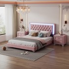 3pcs Bedroom Sets  Queen Size Upholstered Platform Bed With 2 Nightstands  Pink