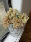 Vtg Handmade French Beaded Flower Bouquet Ivory Gold Glass Seed Bead Floral Art