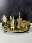 5pc Globe 24k Gold Plated Vanity Set W Tray Cherubs Puttis Hollywood Regency