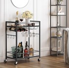 Modern Black Metal   Glass Bar Cart With Wheels  Shelves  Wine   Glass Holders