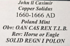 Solidus Copper 1660-66 John Ll Casimir Lithuania Poland Cleaned 1 Coin