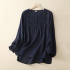 Women Embroidery Shirt Blouses Tops Solid Color Long Sleeve Crew Neck Loose