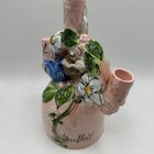 Sue Bolt Pottery Signed Candelabra Whimsical Hand Painted Bird Nest Pink Ceramic