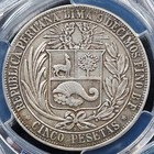Silver 1880 B Bf Peru 5 Pesetas   Pcgs Au50