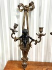 Pair Of Antique French Black Cherub Gilded Metal Candelabra Sconces W Bows