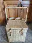 Vintage Wicker Picnic Basket With 2 Drink Storages And Plastic Dish Set