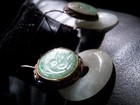 Vintage Jadeite Chinese Carved Crane Coin White Apple Green Dangle Earrings Jade