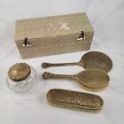 Vtg Victorian Style Metal Vanity Set 2 Brushes Hand Mirror Glass Jar W lid Box