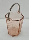 Vintage Depression Glass Pink Rose Ice Bucket Art Deco 6 5  High Metal Handle