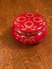 Antique Bohemian Glass Powder Jar Large Red Glass Gold Wreath Trinket Box Hinged