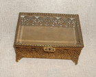 Vintage Ormolu Vanity Jewelry Casket Box Chest Footed Beveled Glass Regency