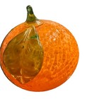 Handblown Glass Orange Paperweight Mint Fruit Green Stem Art Glass Vtg 2 75    Mcm