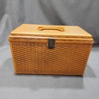 Vtg Wilson Sewing Box Wil-hold Brown Plastic Faux Wicker Basketweave 2 Trays