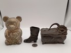 Lot Of 3 Metal Collection Antique Trinket Casket Bear Piggy Bank   Cowboy Boot