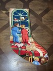 Vtg Christmas Needlepoint Stocking W  Children In Window  Santa Sleigh Cat Toys