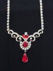 Beautiful Vtg Rhodium Plated Art Deco Clear Red Color Rhinestone Necklace