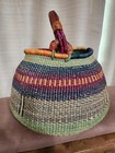 Large Woven African Bolga Ghana Market Basket With Leather Handles Vintage 