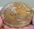 Vintage 2000 Metal Belt Buckle Silver   Brass Eagle   American Flag Grumrine Usa