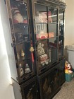 Vintage Asian Chinoiserie Drexel Hand Painted Breakfront Display China Cabinet