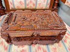 1907 Antique French Tramp Art Wooden Sewing Trinket Box Carved Chip Wood Scissor