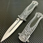 9    Black Wood Flower Engraved Edc Tactical Spring Assisted Open Pocket Knife