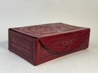 Vintage Hand Tooled Red Leather Jewelry Box Mayan Aztec Native Snap Close Mexico