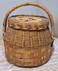 Vintage Light Color Hand Woven Round Market Basket W  Large Handle   Lid