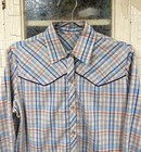 Vintage Women Western Pearl Snap Blouse Blue Check Purple Yoke Piping Large