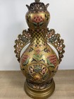 Antique Asian Champleve Bronz  Floral Vase Lamp With Ornate Handles 