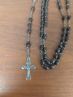 Vintage Rosary Silver Tone Cross Crucifix Wood Beads Jesus Portrait Mother Mary