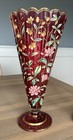 Antique Bohemian Enameled Red Glass Vases 13 5    - Likely Moser - Set Of 2 Great