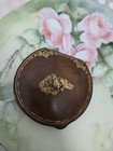 Vtg Leather Dog Faces Vanity Face Puff Powder Box Compact Case Mirror
