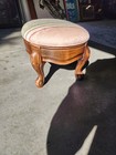 Vintage Victorian Edwardian Foot Stool Ottoman Carved Tiger Oak Wood Upholstered
