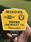 Vtg Rare Minonk Young Chevrolet Co Oldsmobile Chevy License Plate Topper Sign