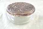 Vintage Glass Powder Jar 1950s Repouss   Silver Plate Lid Vanity Trinket Box 4x2