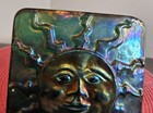 Vintage Iridescent Blue Carnival Sun Face Art Glass Tile Signed John Cook 2009 