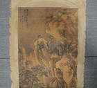 Fine Large Old Chinese Paper Painting Mountains And Figures With Marks