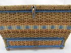 Vintage Woven Wicker Plastic And Wood Footed Sewing Basket Box W  Divided Drawer