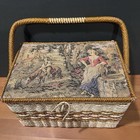 Vtg Singer Sewing Basket Tapestry Lid Wicker Box Made In Japan Large Lined 1960s