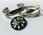 Set Mexico Signed Stamped Alpaca   Taxco Inlaid Pearly Enamel Bracelets   Brooch