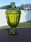 Viking Glass Epic Line 8  Footed Candy Dish Compote   Lid Avocado Green Mcm
