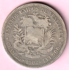 1902 Venezuela Silver Gram 25  5 Bolavares  Y24 World Coin