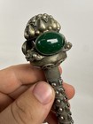 Antique Tibetan Chinese Silver Repouss   Glass  Stone Parasol Cane Handle 18-1900