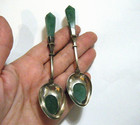 Pair Unusual Antique Mughal India Silver Spoons With Green Jadeite Jade