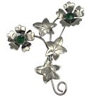Vintage Green Rhinestone Flower   Leaves Silver Tone Large Brooch Pin 3 1 2 