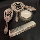 Vintage Ornate Silver Plated Hand Mirror Hair Brush Comb   Powder Jar Vanity Set